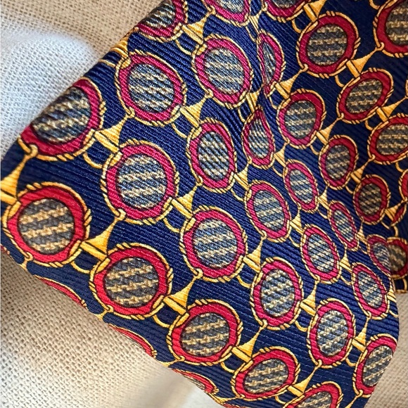 Bullock & Jones Handmade Spain Silk Medallion Tie Navy Red Gold 57” - Picture 2 of 13